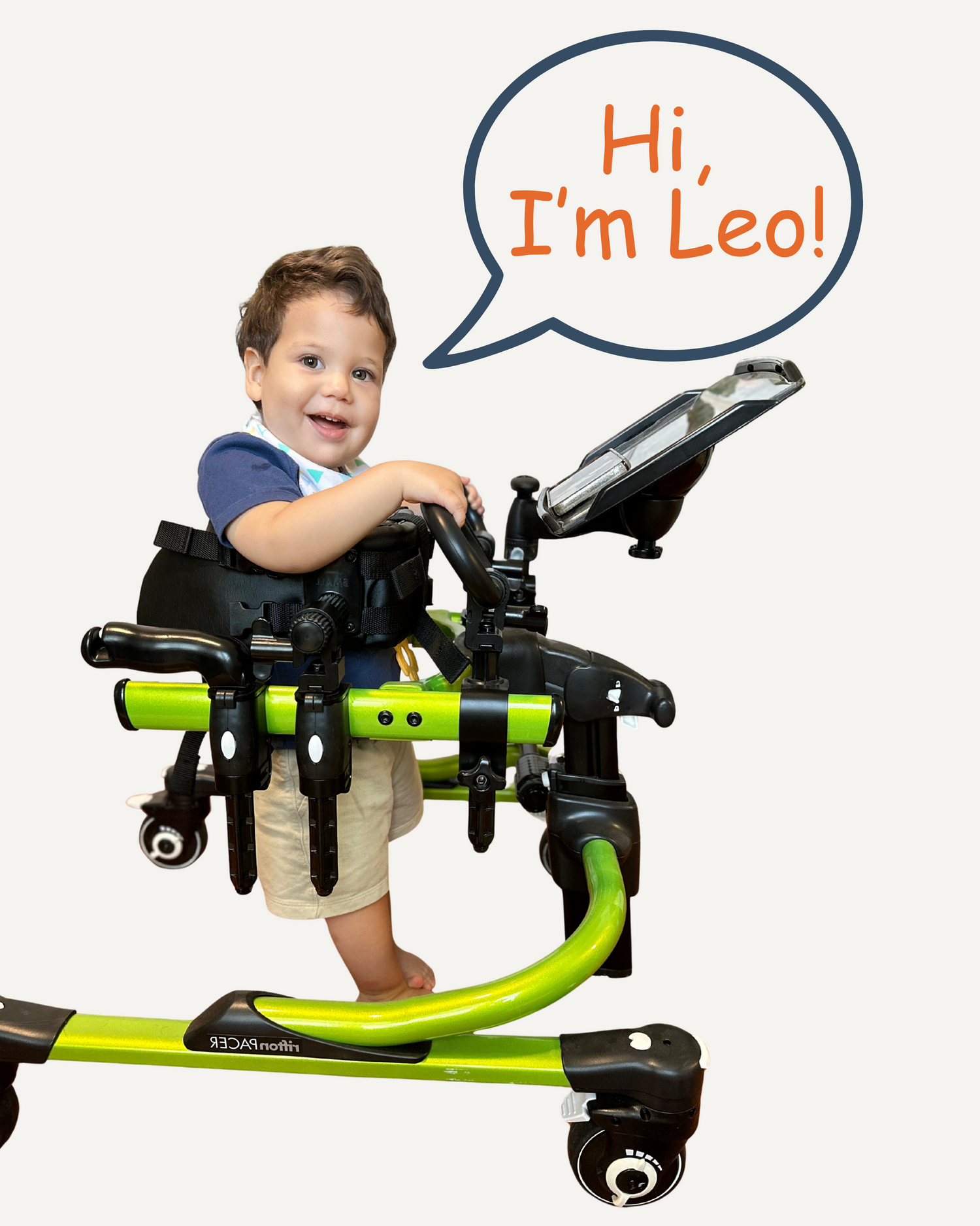 Child named Leo in green walker — PattyBin3D mission for SPG52 gene therapy